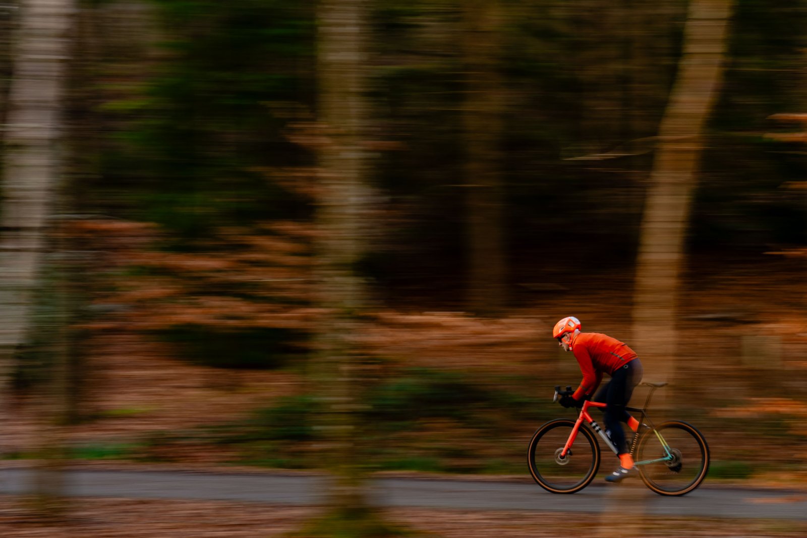 Rider at speed on a gravel road